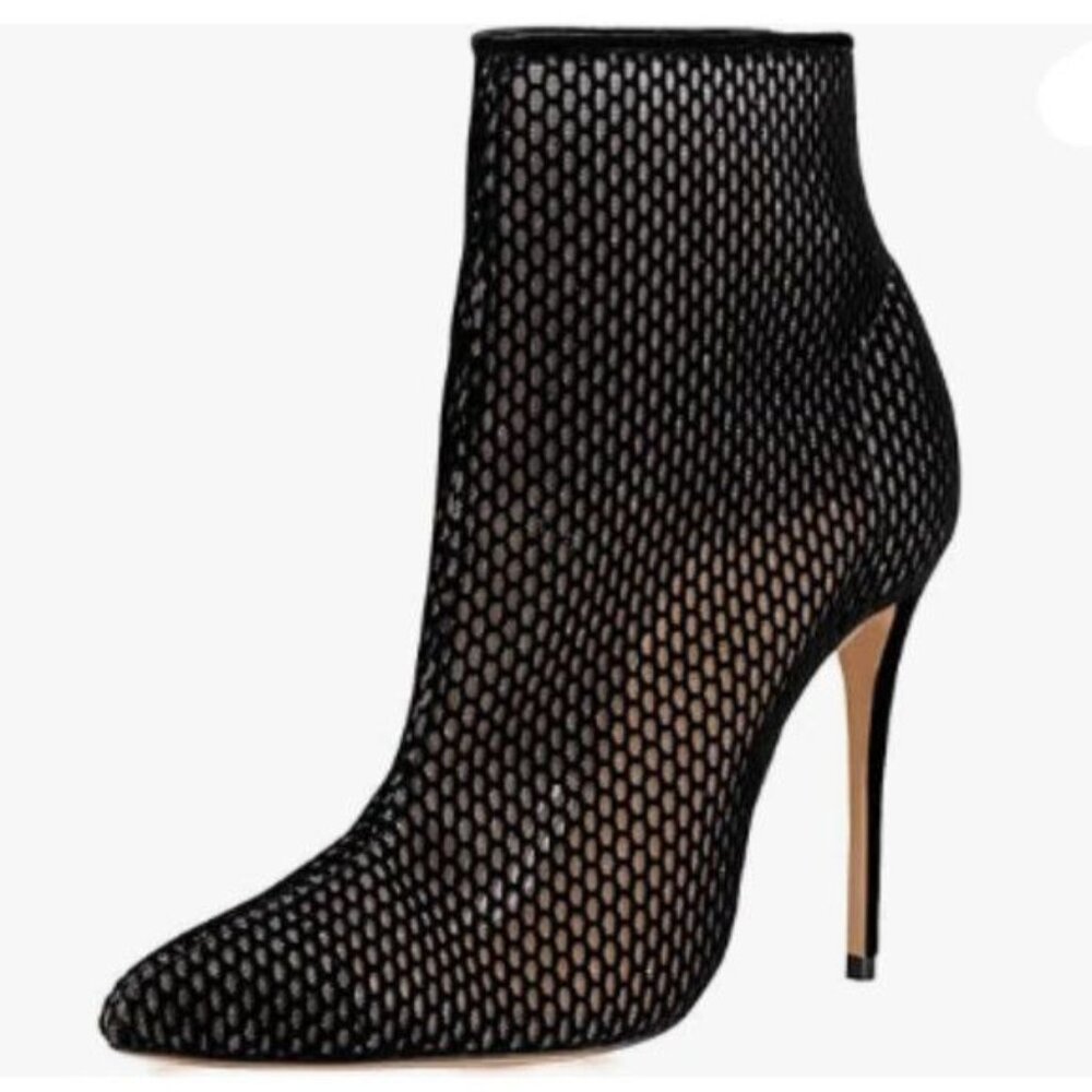 FSJ Black Mesh High Heel Ankle Boots Closed Pointed Toe Stilettos Shoes